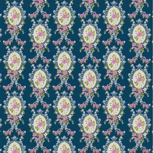 Dolls House Blue Victorian cameo & floral design wallpaper.